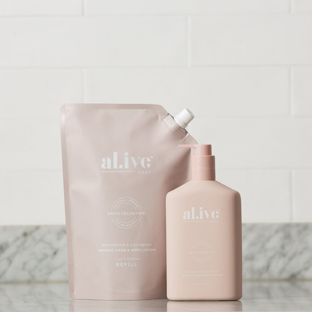 Al.ive Body 1 LTR LOTION REFILL - APPLEWOOD & GOJI BERRY