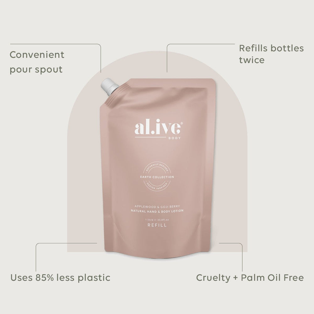 Al.ive Body 1 LTR LOTION REFILL - APPLEWOOD & GOJI BERRY