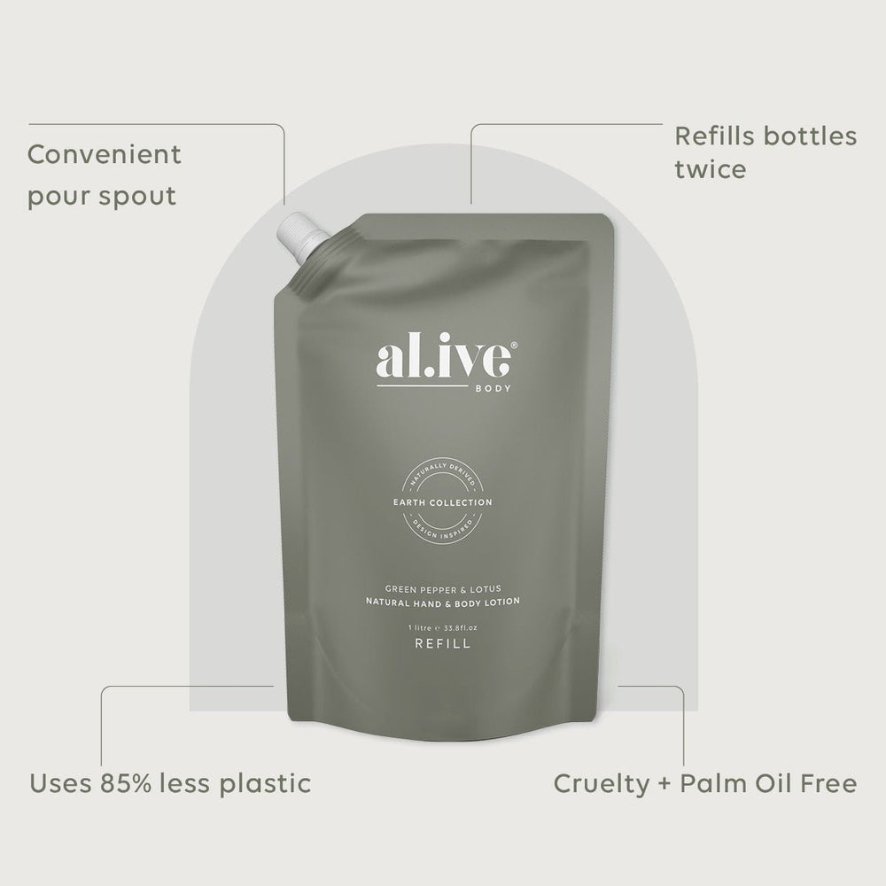 Al.ive Body 1 LTR LOTION REFILL - GREEN PEPPER & LOTUS