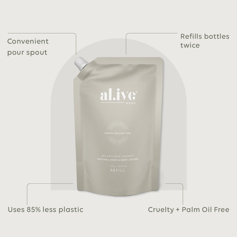 Al.ive Body 1 LTR LOTION REFILL - SEA COTTON & COCONUT