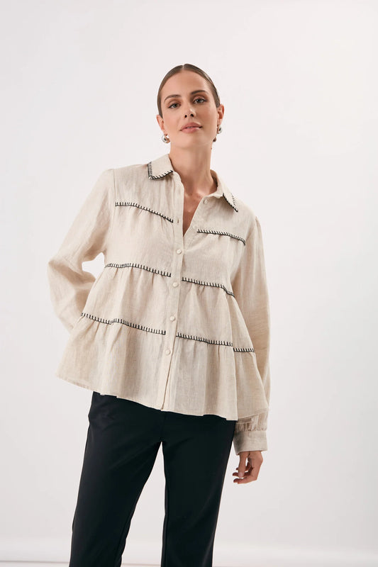 Adorne Eliza Blanket Stitch Shirt- Natural