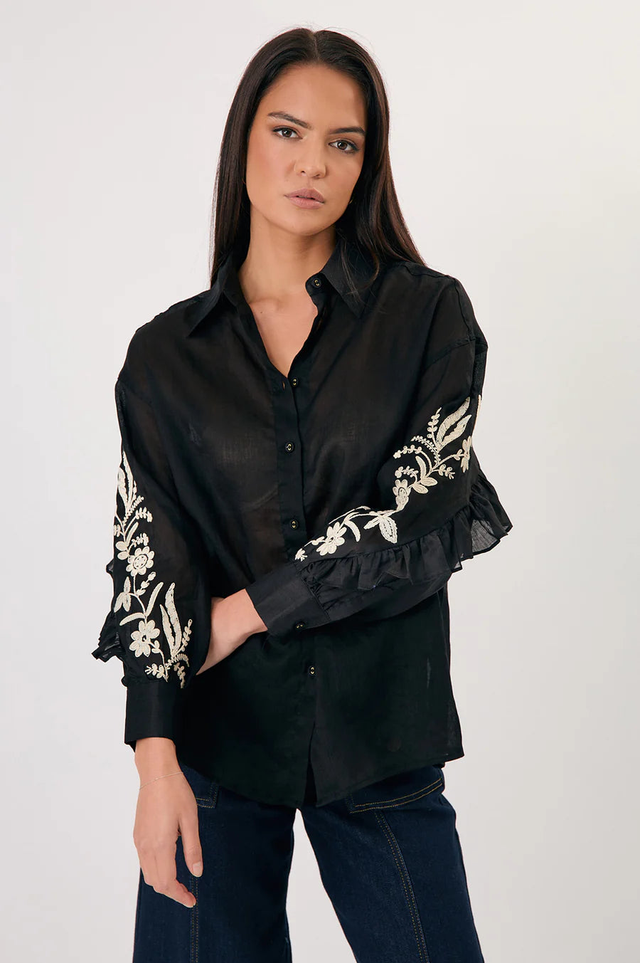 Adorne Wanda Embroidered Ramie Shirt- Black
