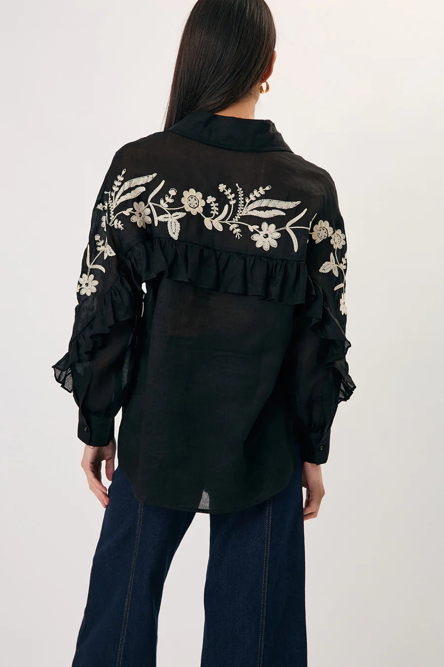 Adorne Wanda Embroidered Ramie Shirt- Black