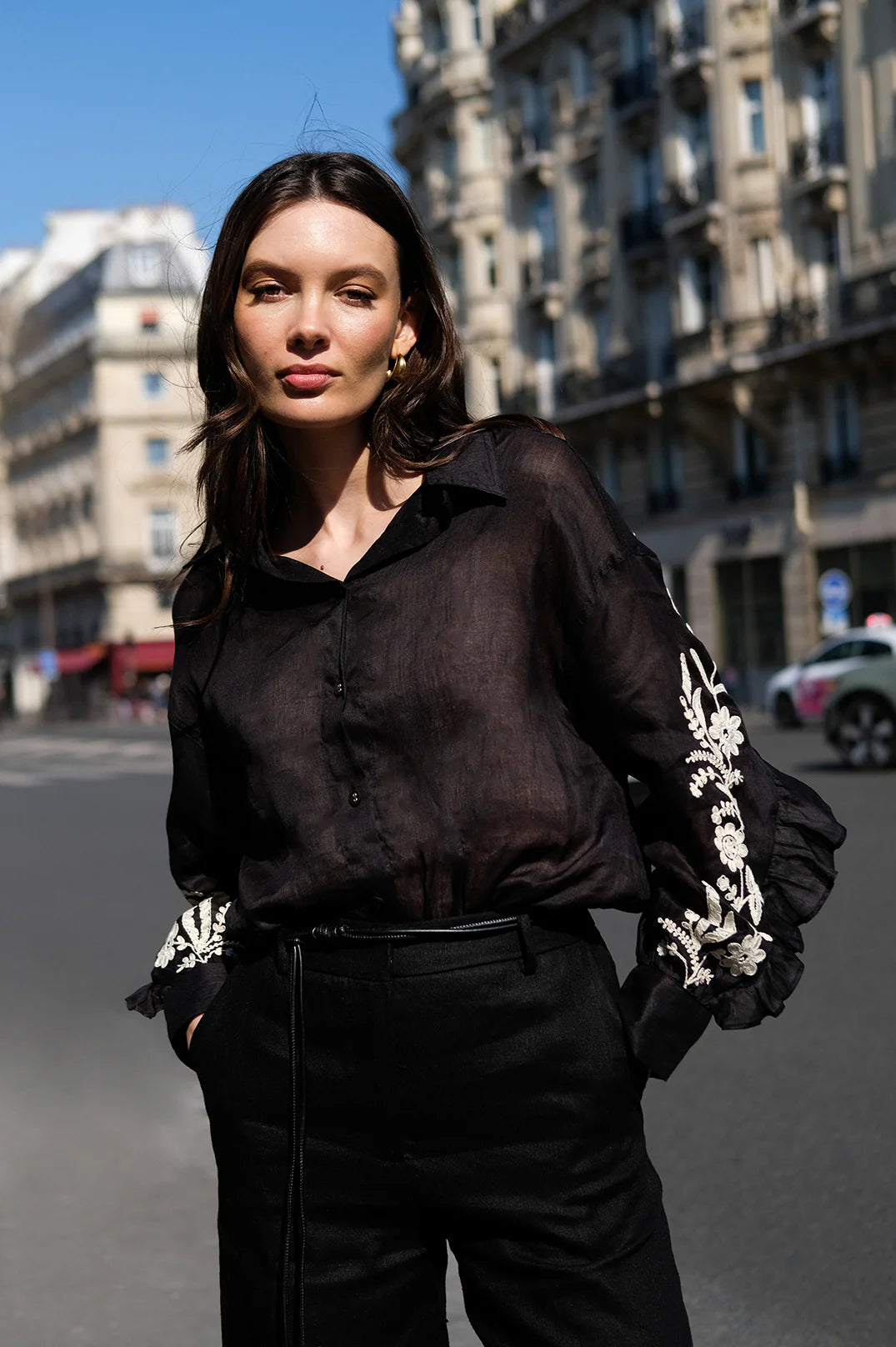 Adorne Wanda Embroidered Ramie Shirt- Black