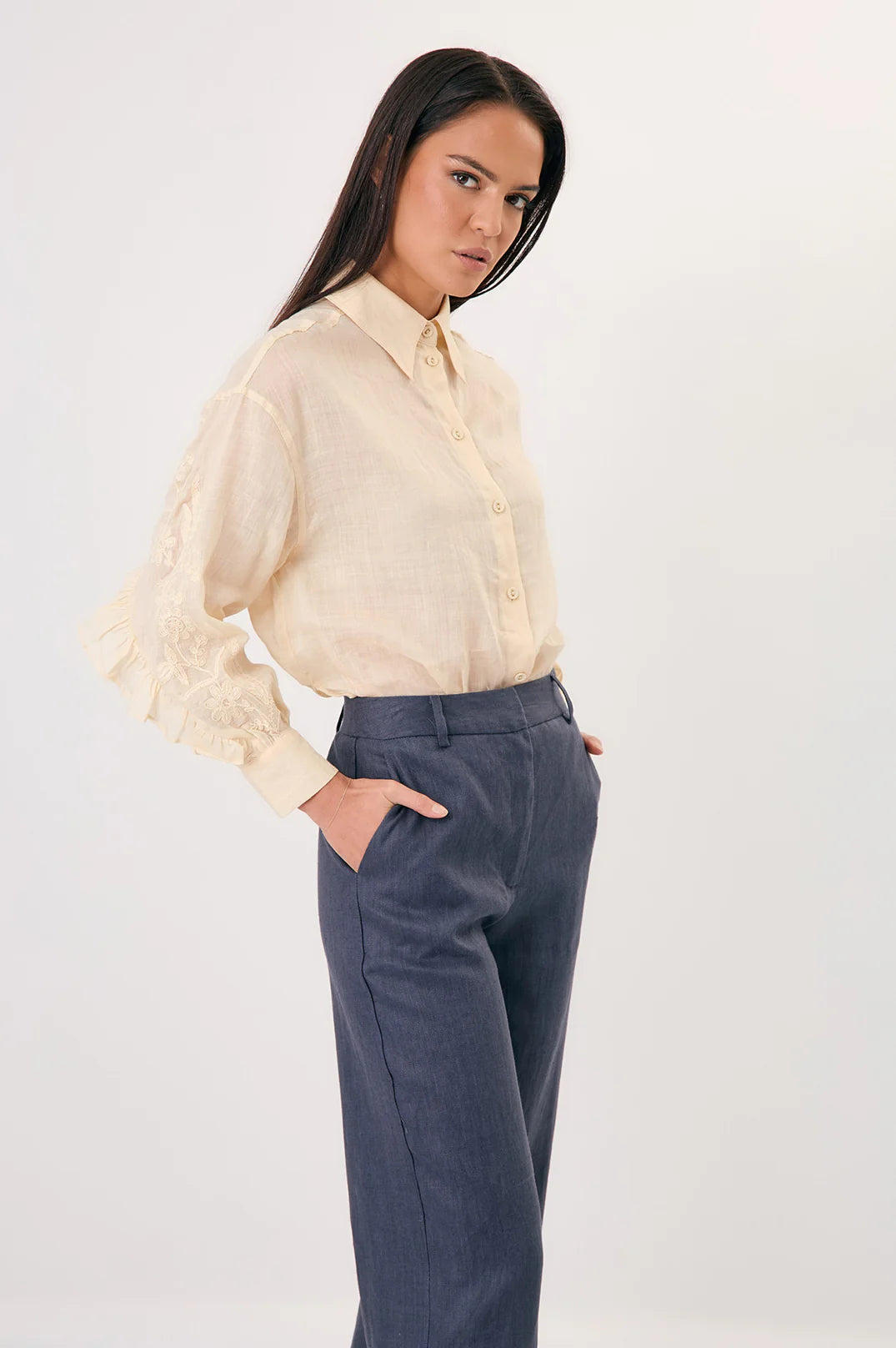 Adorne Wanda Embroidered Ramie Shirt- Cream
