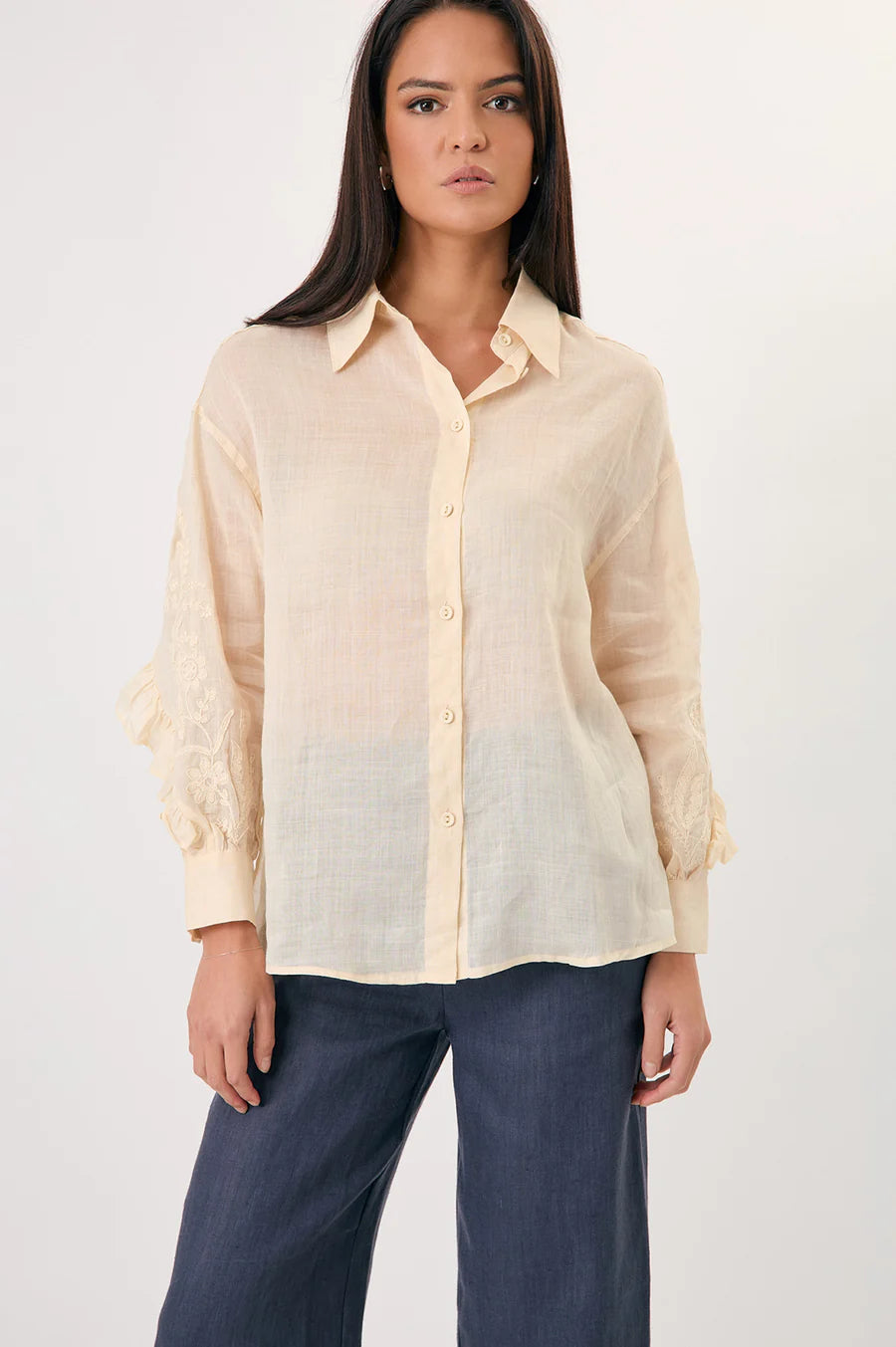 Adorne Wanda Embroidered Ramie Shirt- Cream
