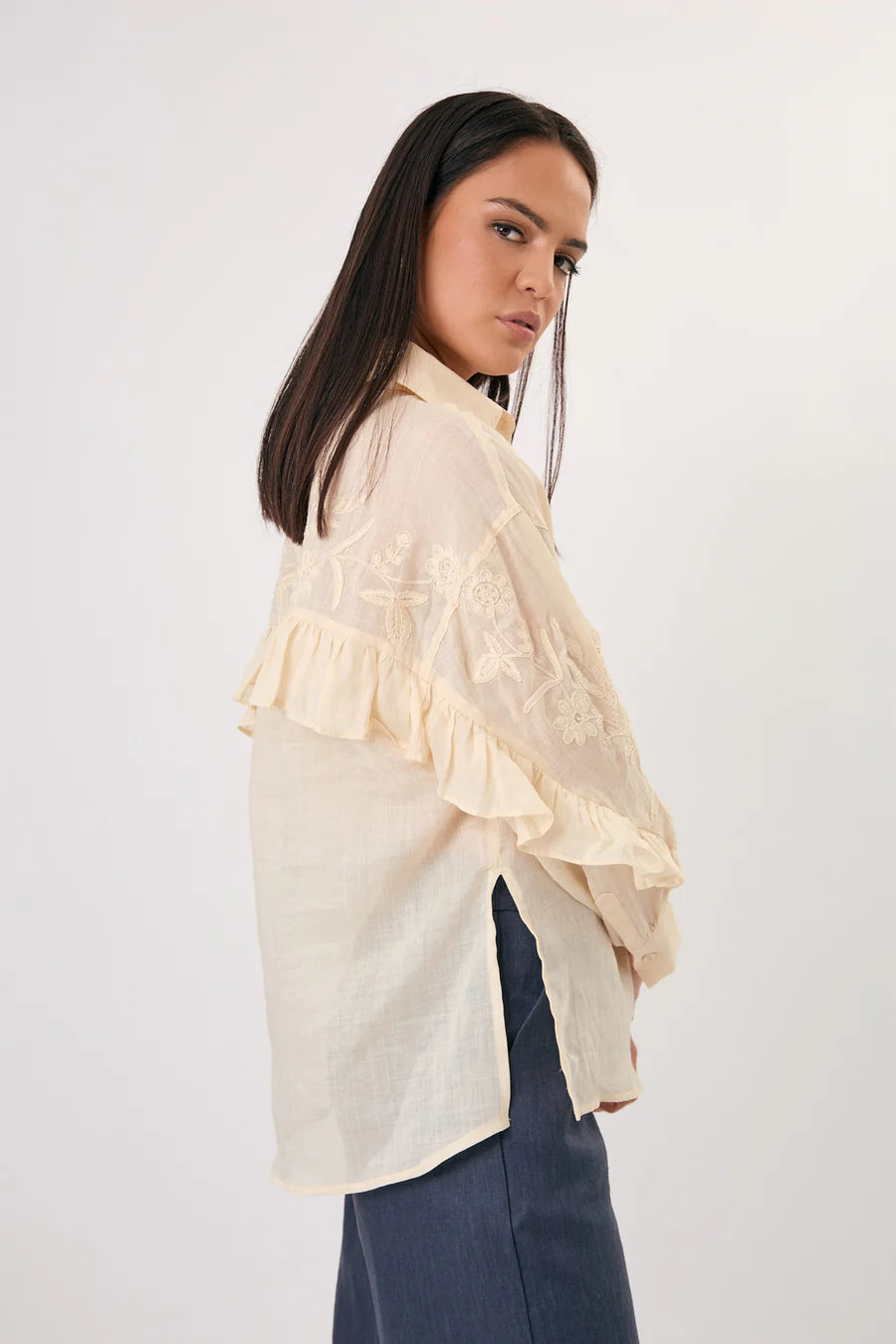 Adorne Wanda Embroidered Ramie Shirt- Cream