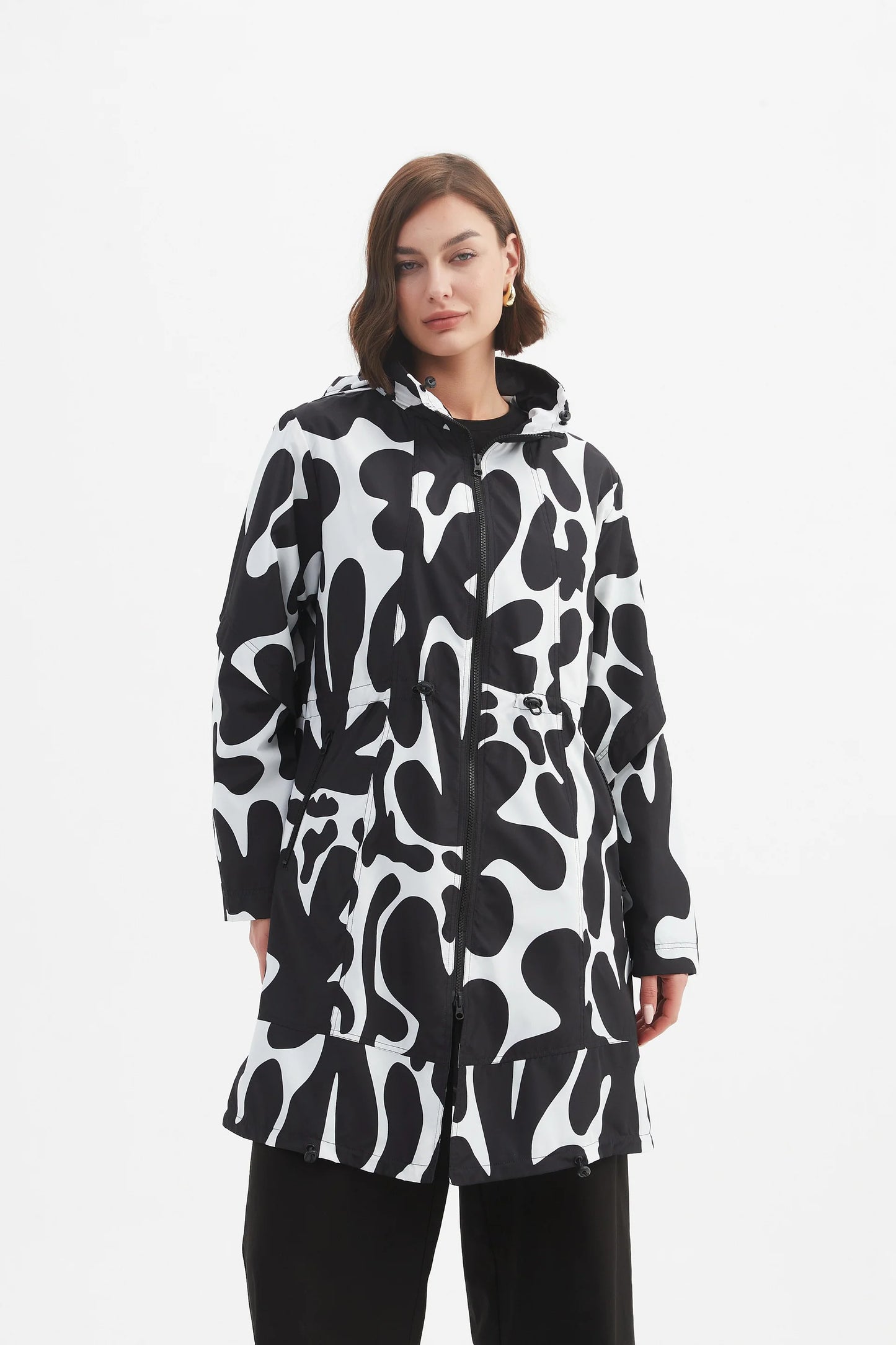 Tirelli Adjustable Waist Print Parka- Black/Cream Blot Print