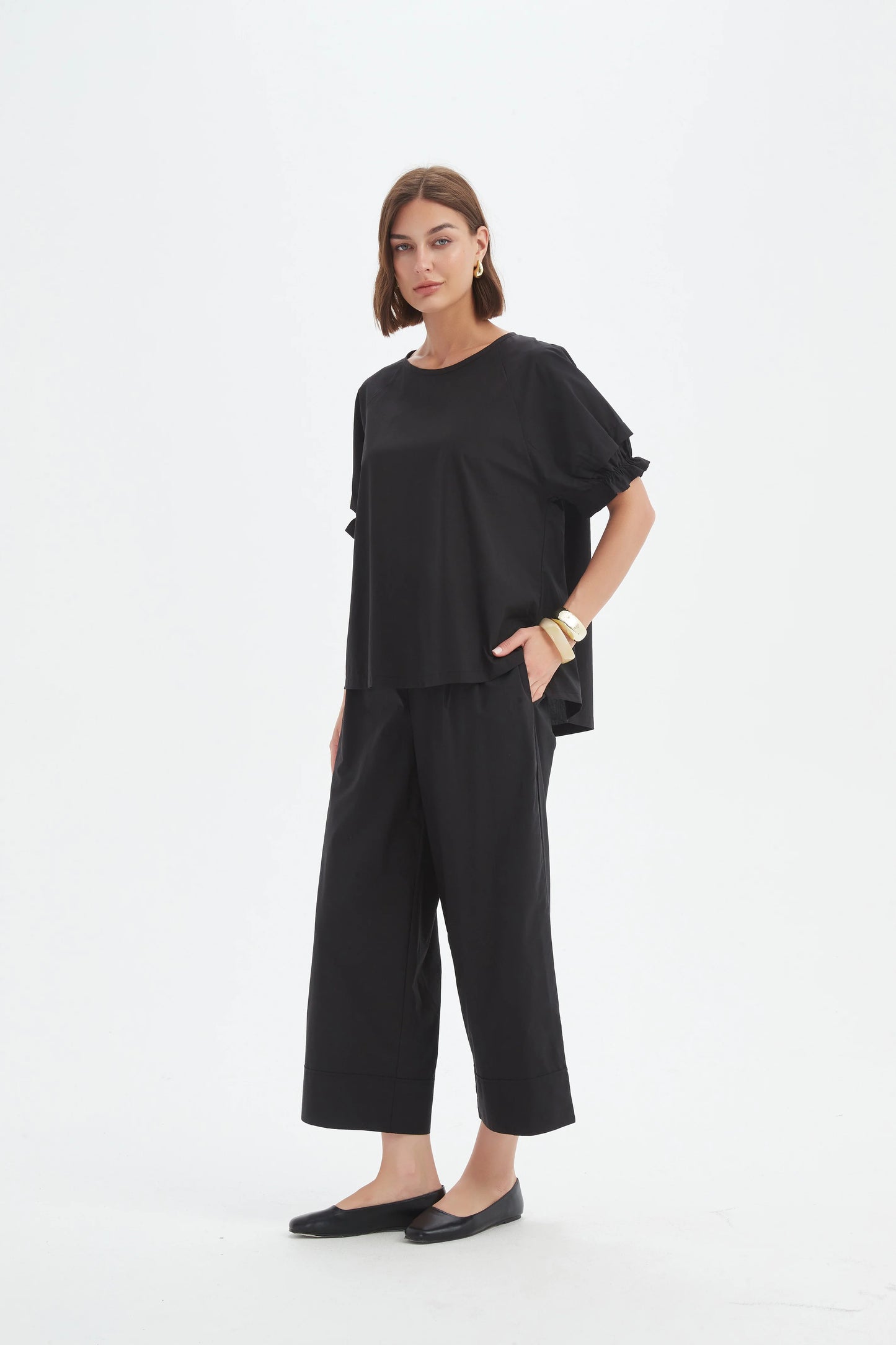 Tirelli Ruffle Sleeve Lyocell Top - Black