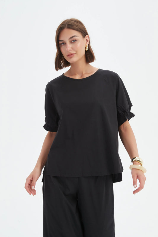 Tirelli Ruffle Sleeve Lyocell Top - Black