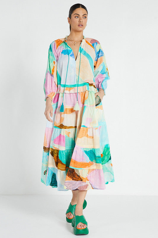 Bohemian Traders RUFFLE NECK MAXI DRESS IN NO RAIN NO FLOWERS