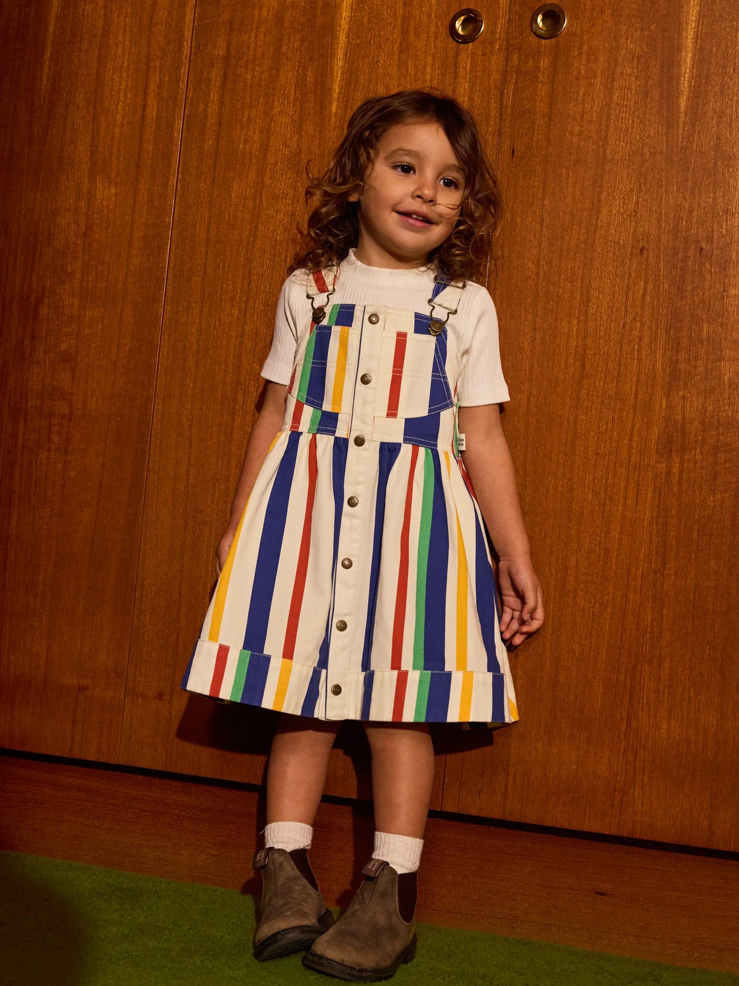 Goldie + Ace 90's Bold Stripe Heidi Denim Pinafore Dress