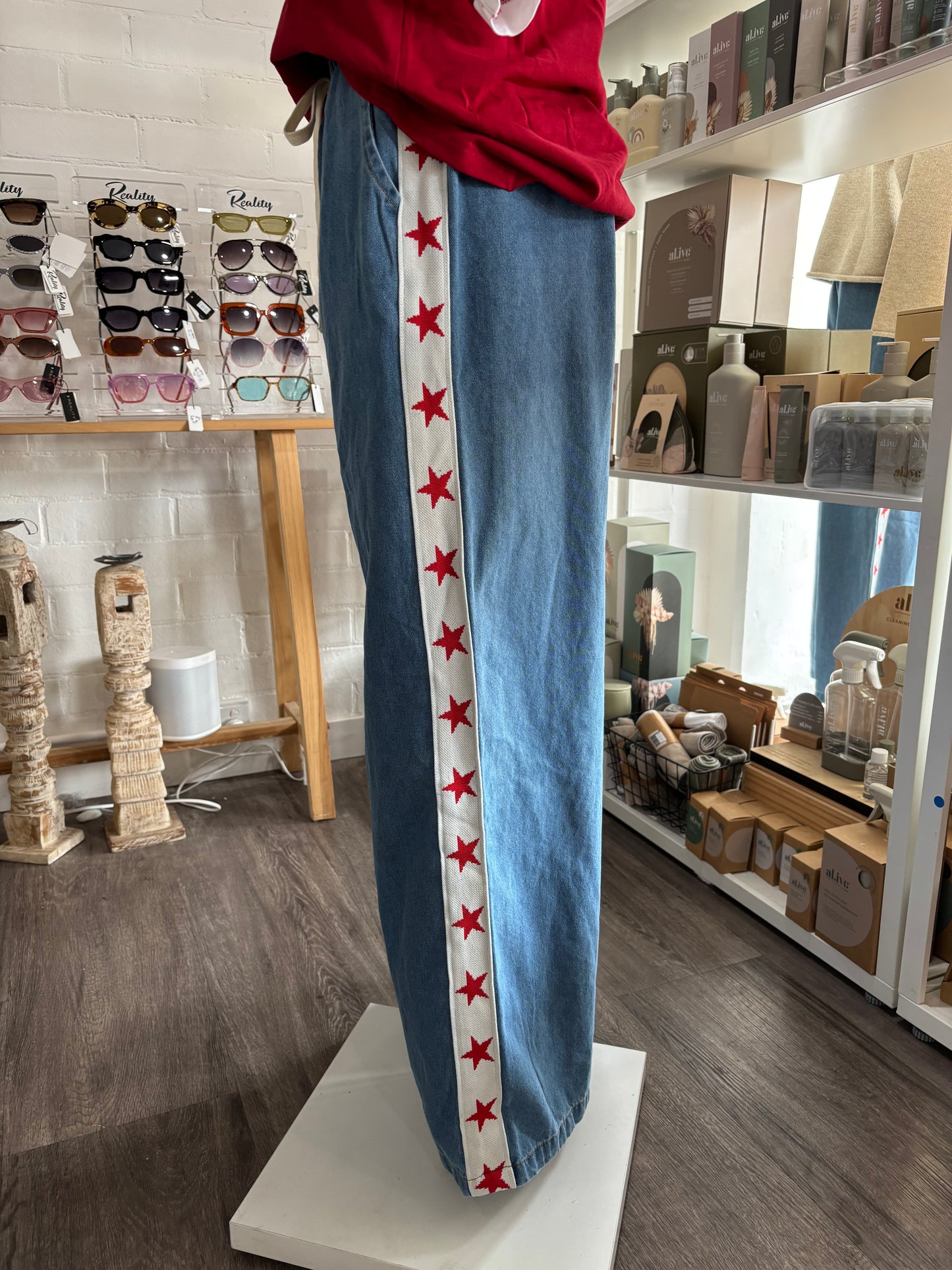 By Frankie Blue Denim Red Star Pant