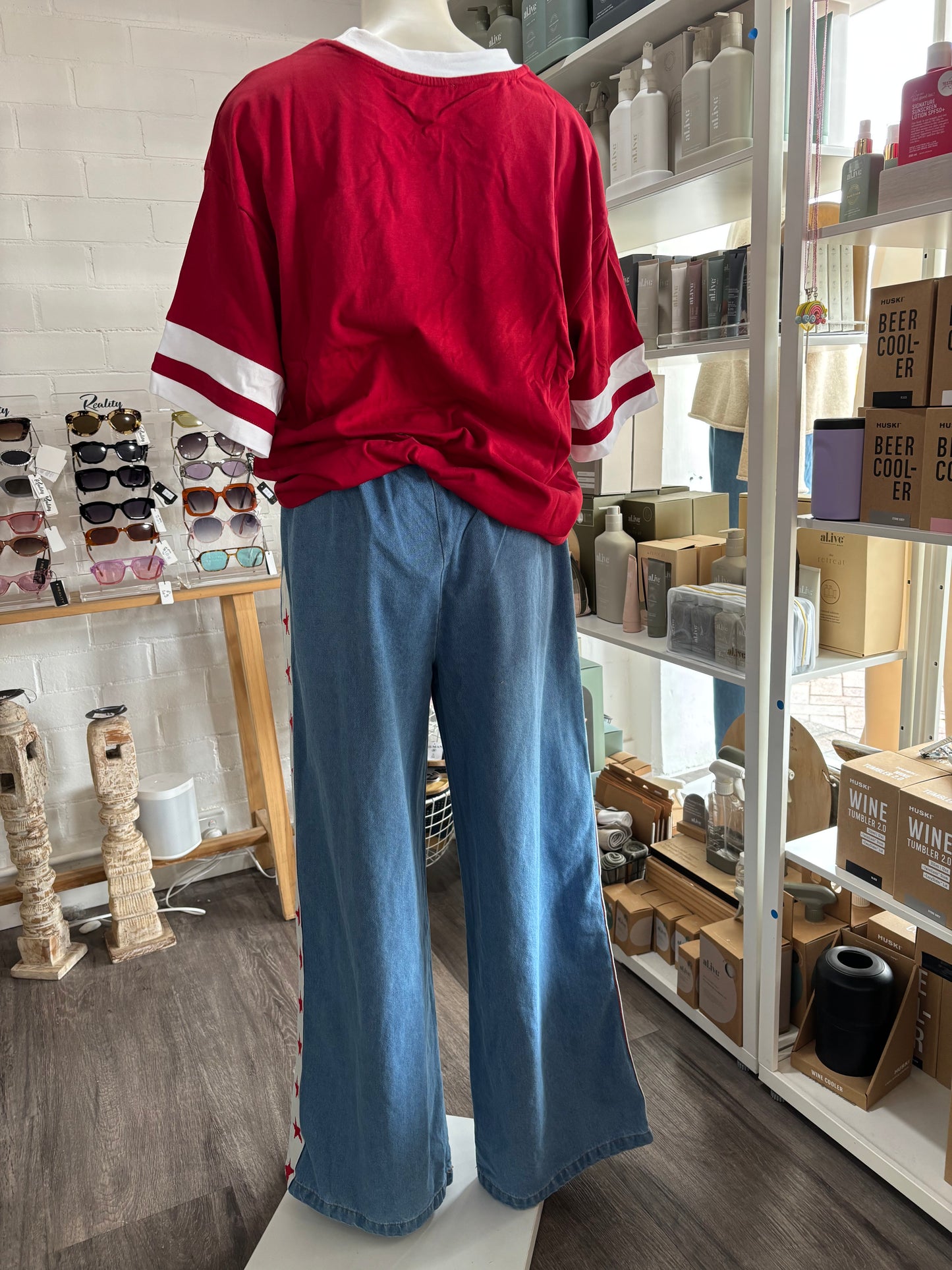By Frankie Blue Denim Red Star Pant