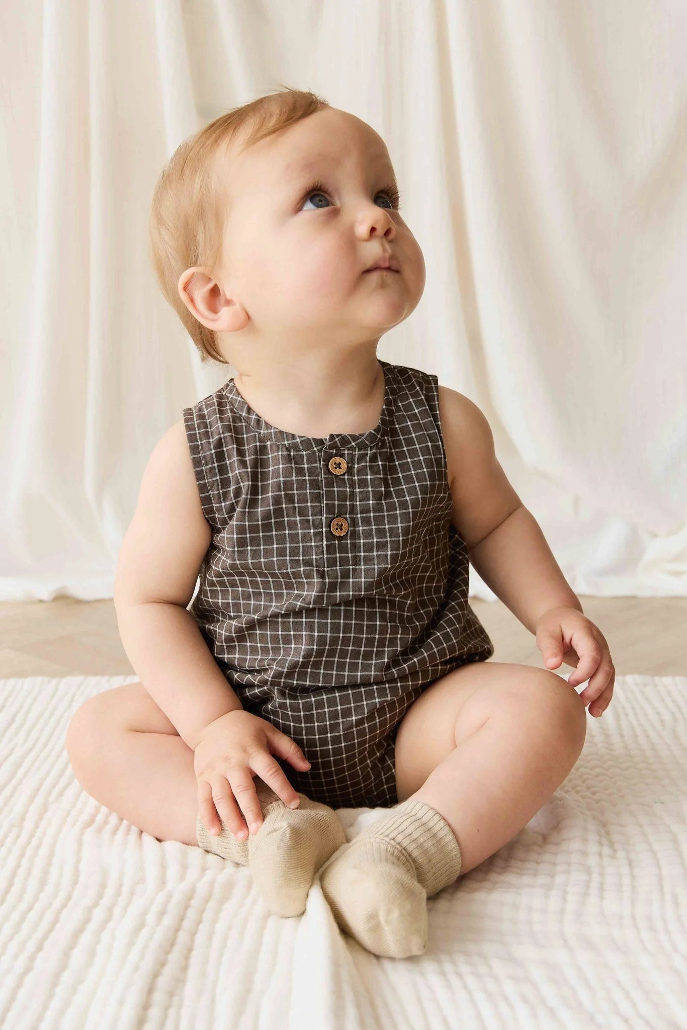 Jamie Kay Organic Cotton Archie Playsuit - Coffee Grid