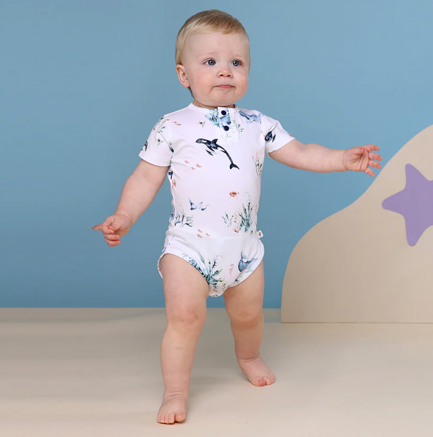 Snuggle Hunny Ocean White Short Sleeve Organic Bodysuit