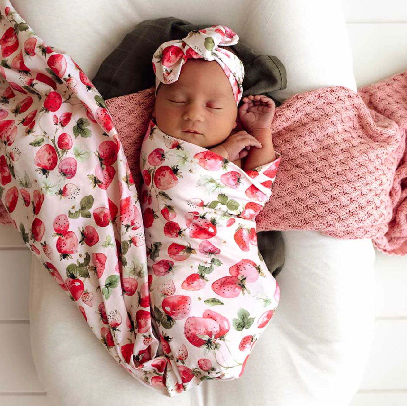 Snuggle Hunny Strawberry Organic Jersey Wrap & Topknot Set