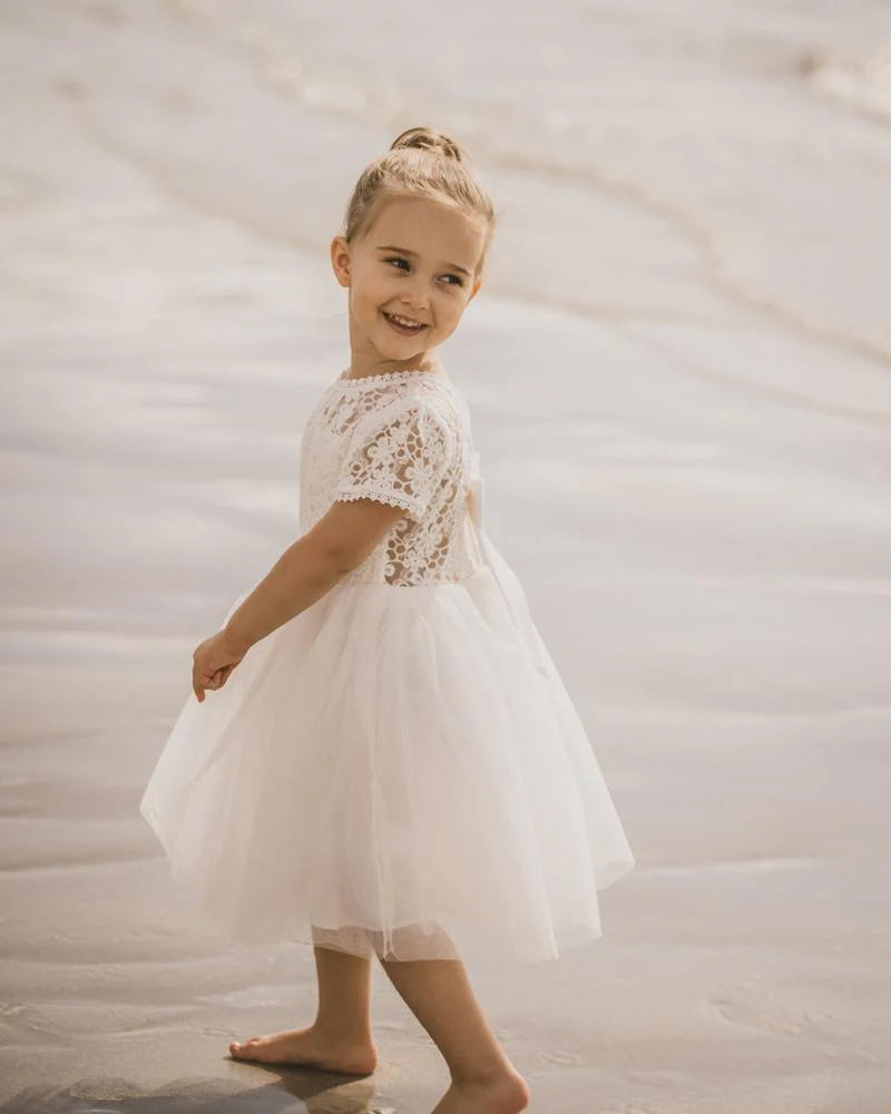 Bebe Lace Bodice w Back Bow Dress Mid Calf