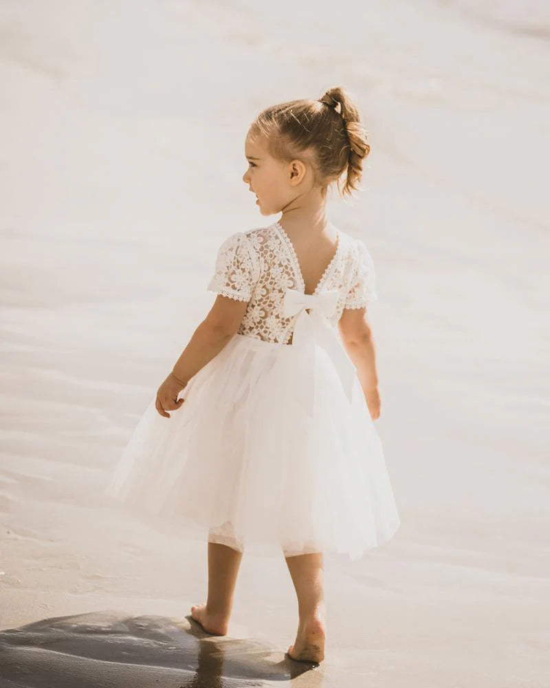 Bebe Lace Bodice w Back Bow Dress Mid Calf