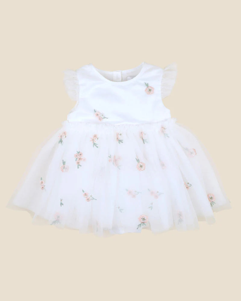 Bebe Ivory Floral Embroidered Tulle Overlay Dress