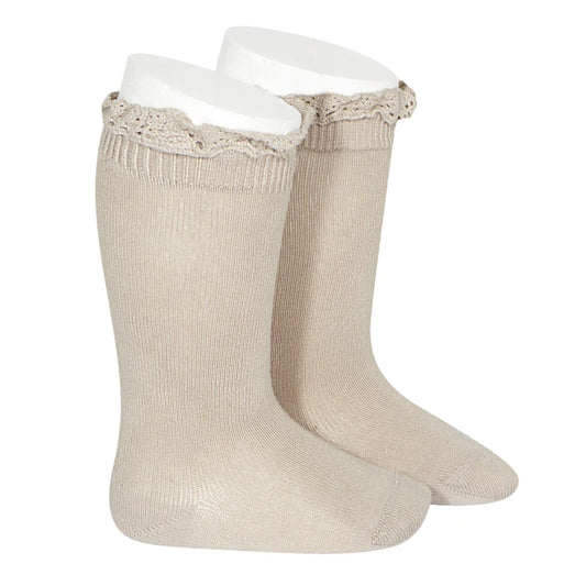 Cóndor- Knee Socks With Lace Edging- Stone