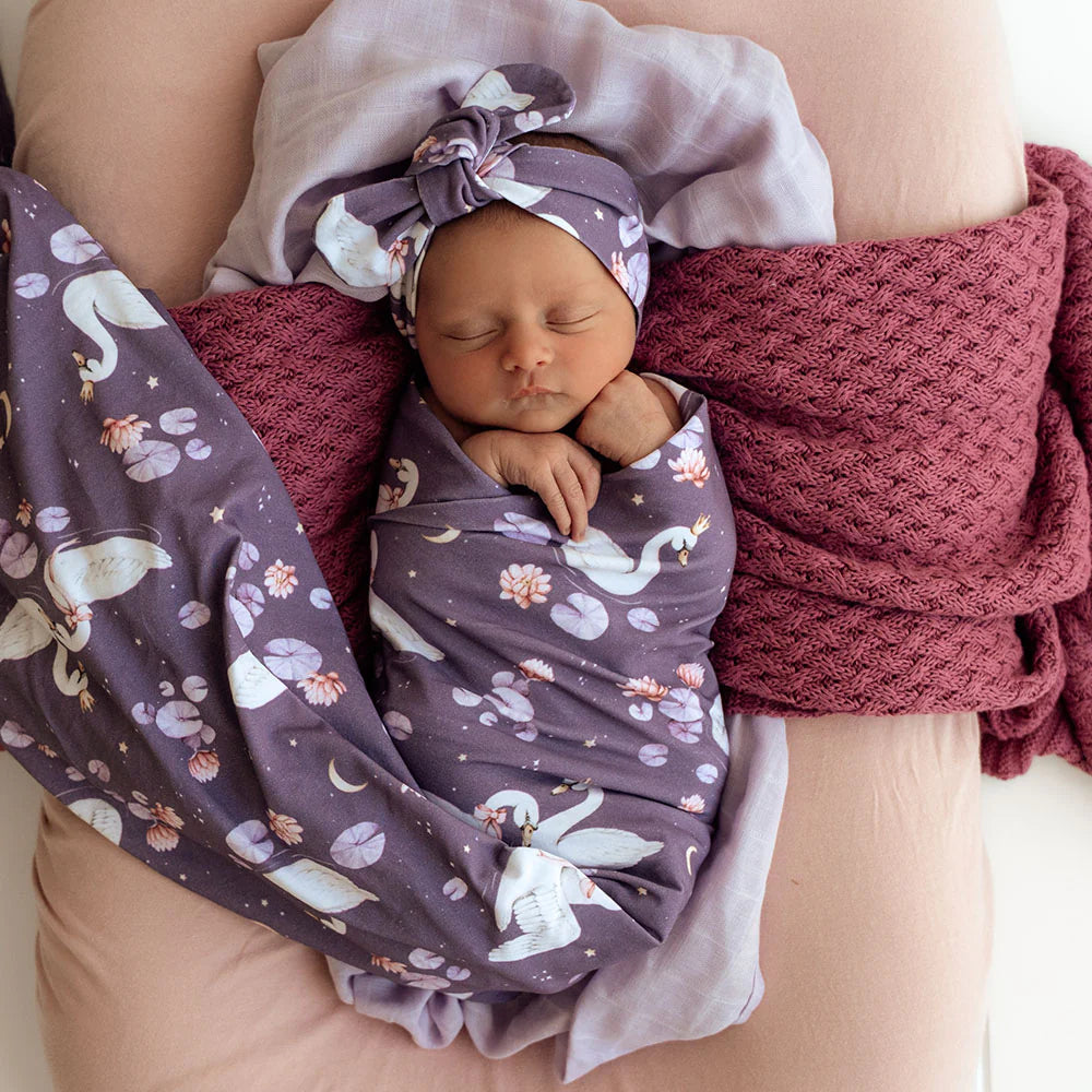 Snuggle Hunny Midnight Swan Organic Jersey Wrap & Topknot Set