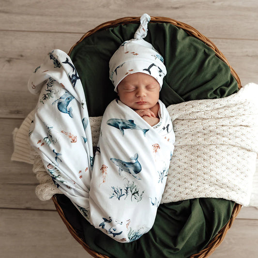 Snuggle Hunny - Ocean Organic Jersey Wrap & Beanie Set