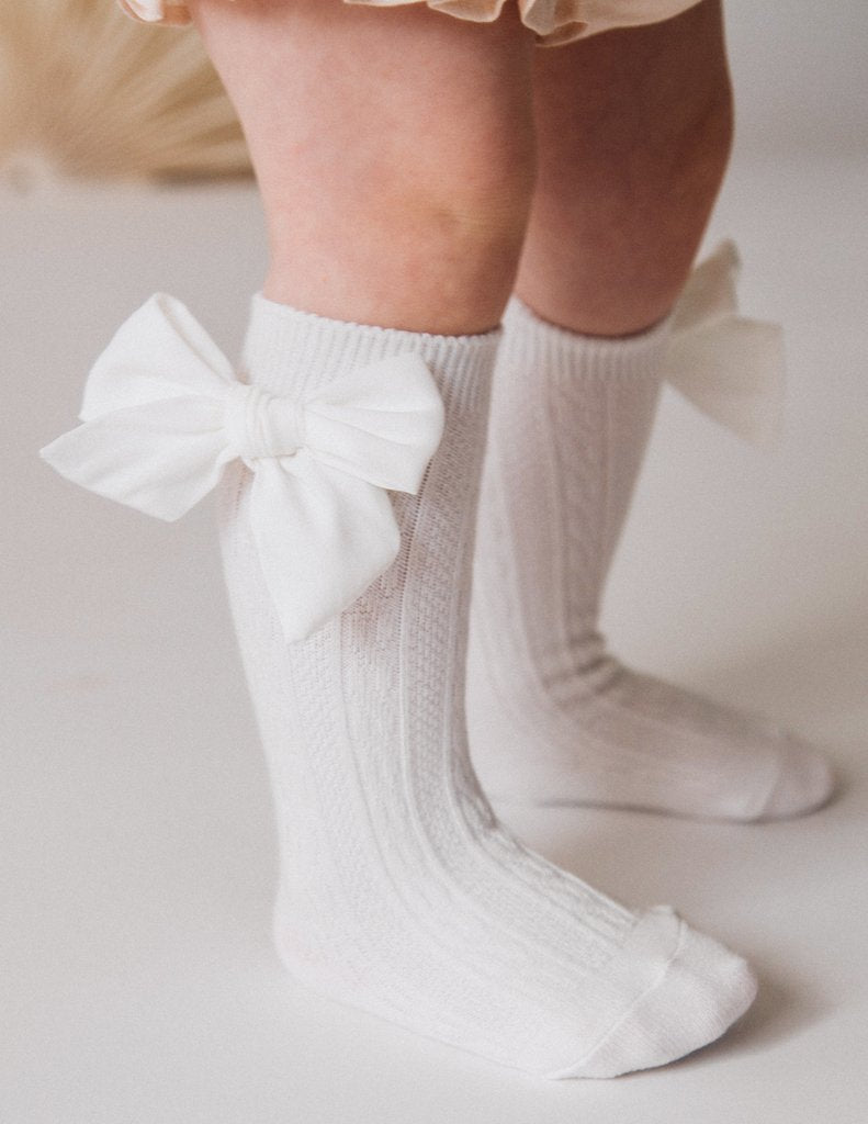 Karibou Chloe Luxe Cable Knit Socks with Bows - White