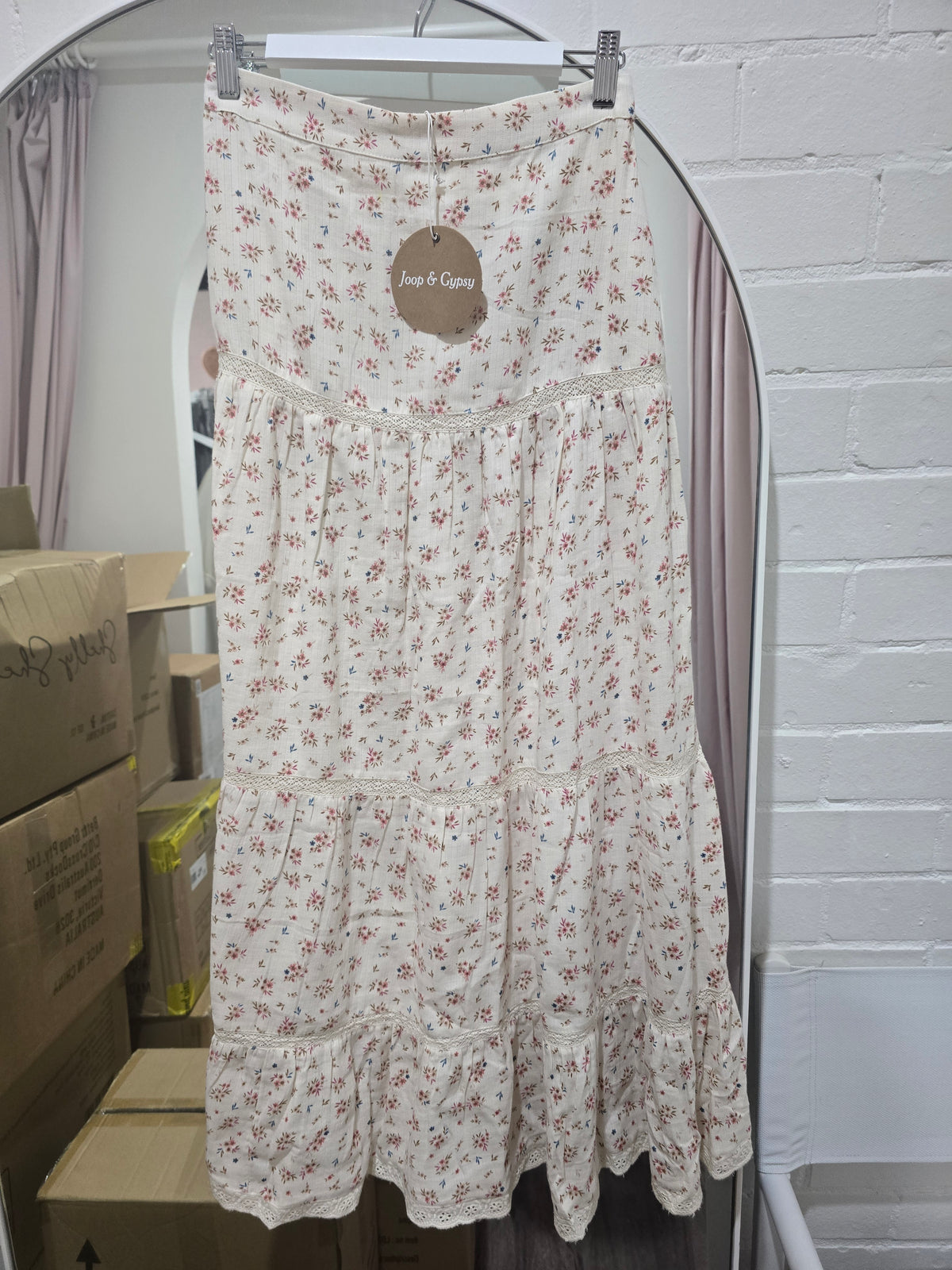 Joop & Gypsy Boho Tiered Ditsy Floral Maxi Skirt Beige Floral