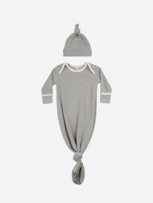 Quincy Mae Knotted Baby Gown + Hat Set || Lagoon Micro Stripe