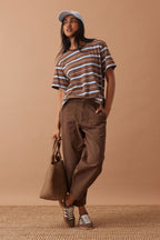 Ceres Life - Stevie slouchy Tee - Chalk/Choc Retro Stripe