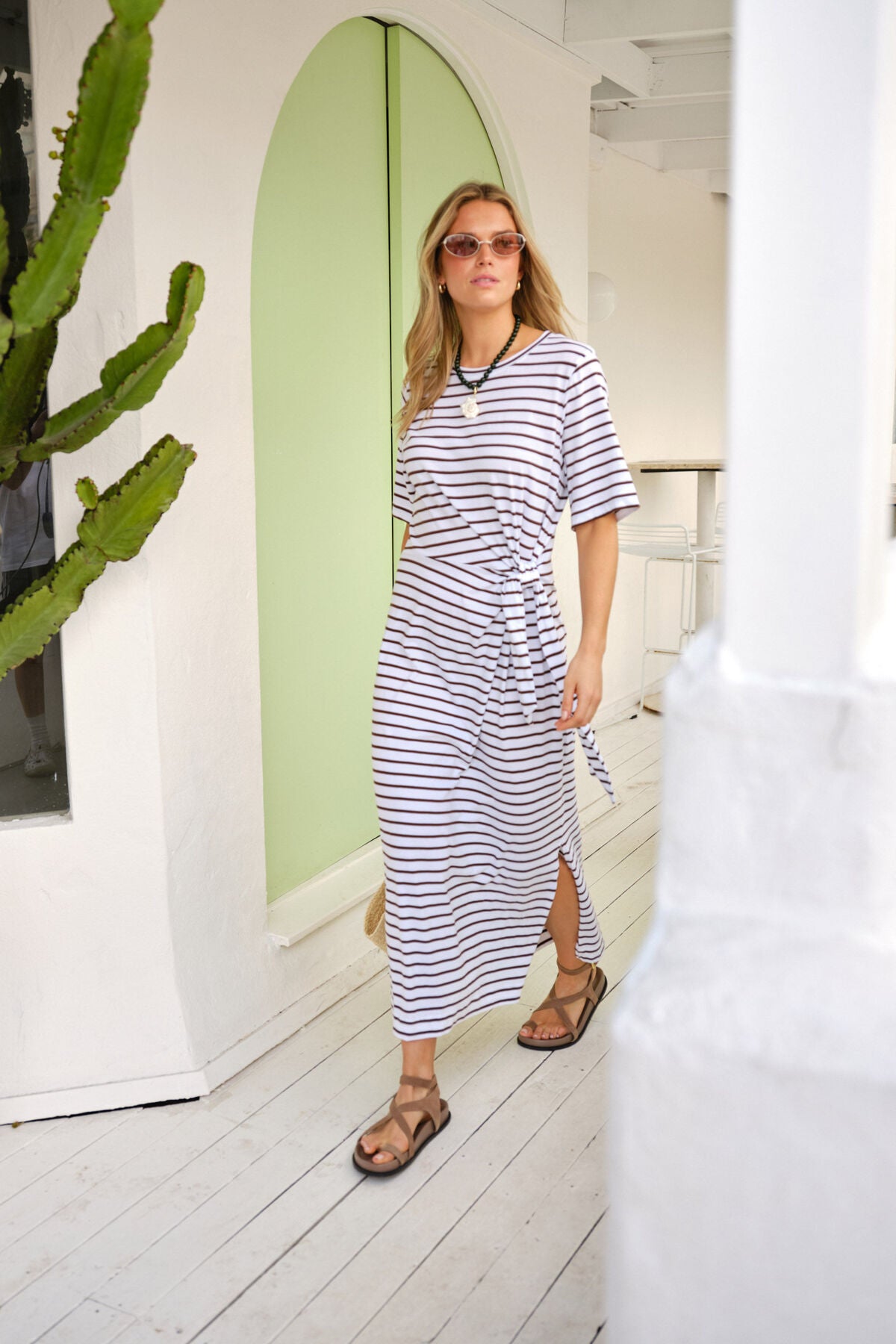 Ceres Life - Allora Tie Midi Tee Dress Choc Stripe