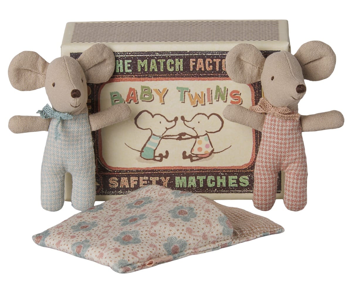 Maileg Twins Baby Mice In Matchbox Checker