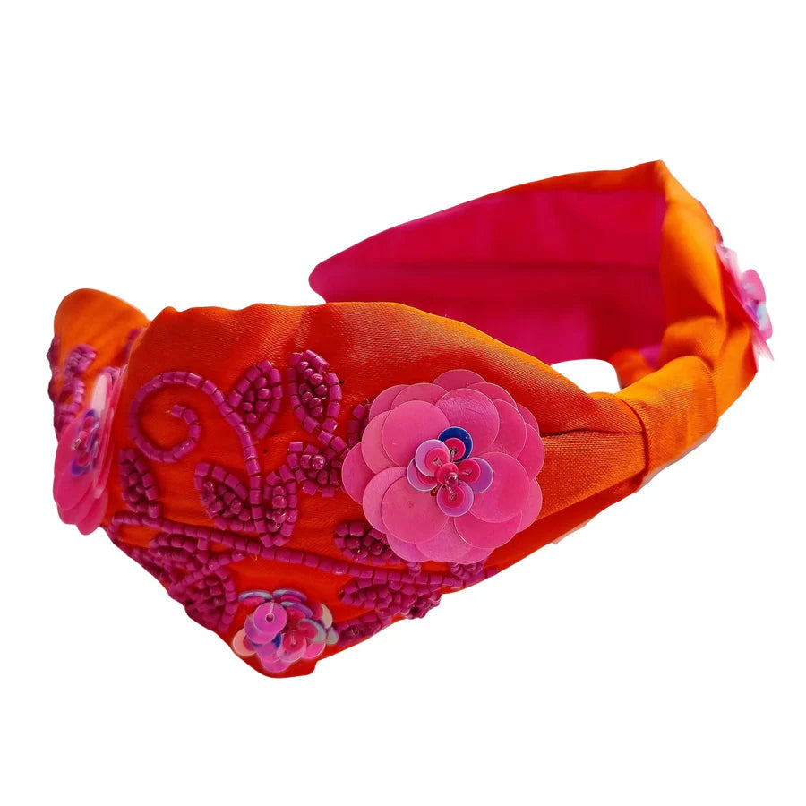 Zoda - Holley Beaded Headband Orange/Pink Flower Beads