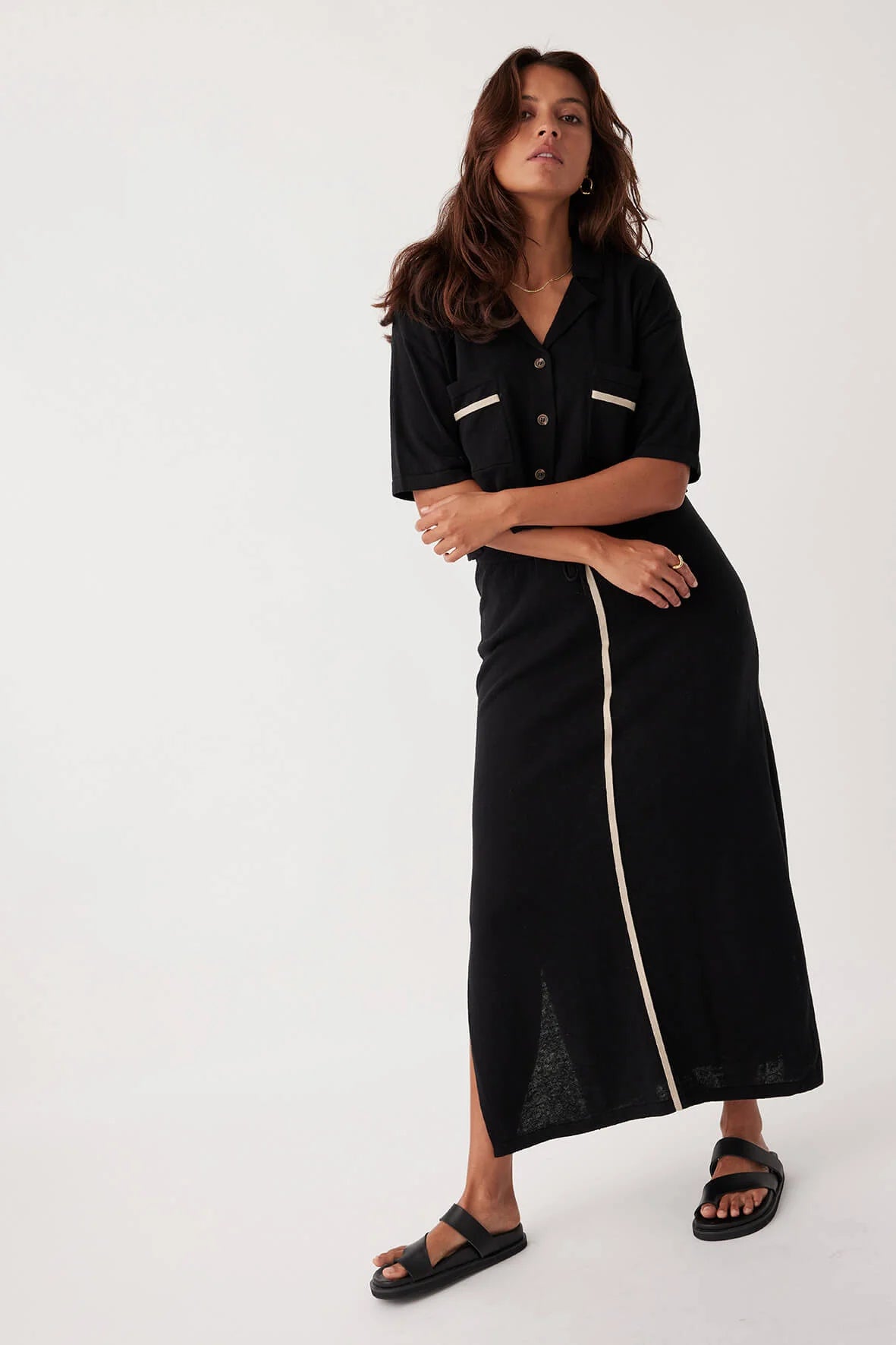 ARCAA Quinn Organic Cotton-Linen Skirt - Black & Taupe