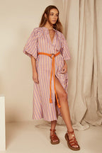 Bohemian Traders Pleated Neck Midi Dress - Candy Stripe