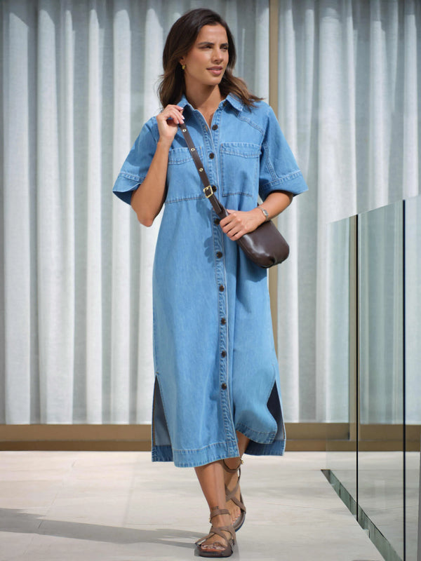 Ceres Life - Short Sleeve Yoke Detail Midi Dress