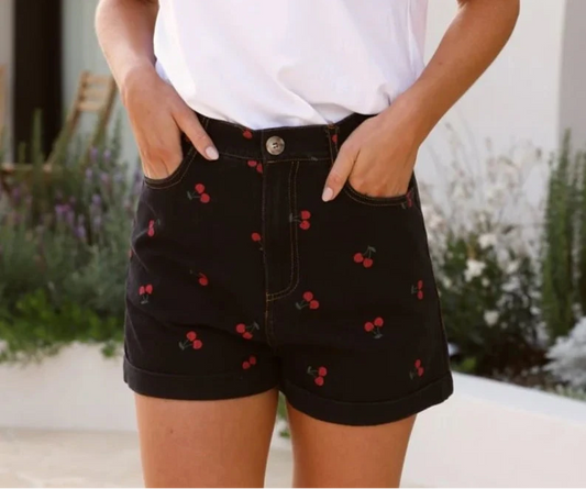 By Frankie - Cherry Denim Shorts - Black