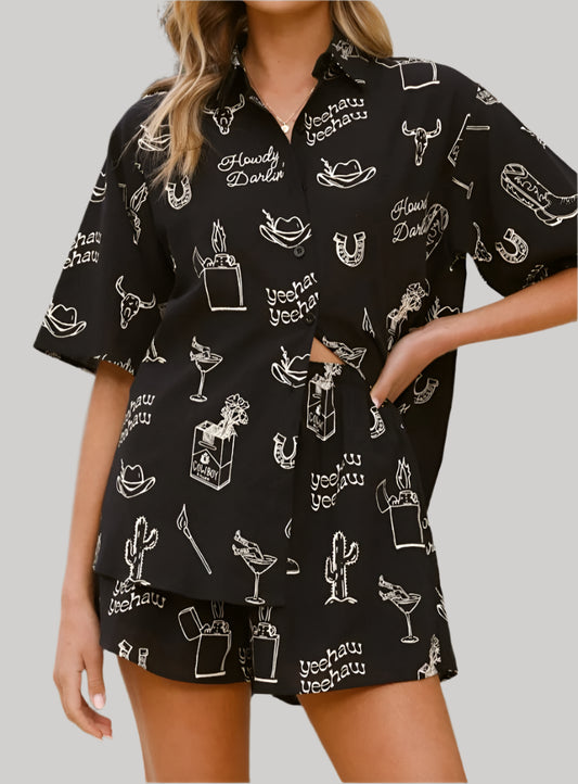 By Frankie Shirt & Shorts Set - Black/Beige Cowboy Print