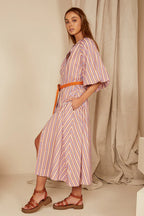 Bohemian Traders Pleated Neck Midi Dress - Candy Stripe