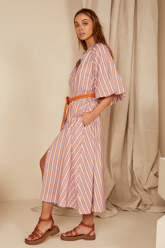 Bohemian Traders Pleated Neck Midi Dress - Candy Stripe