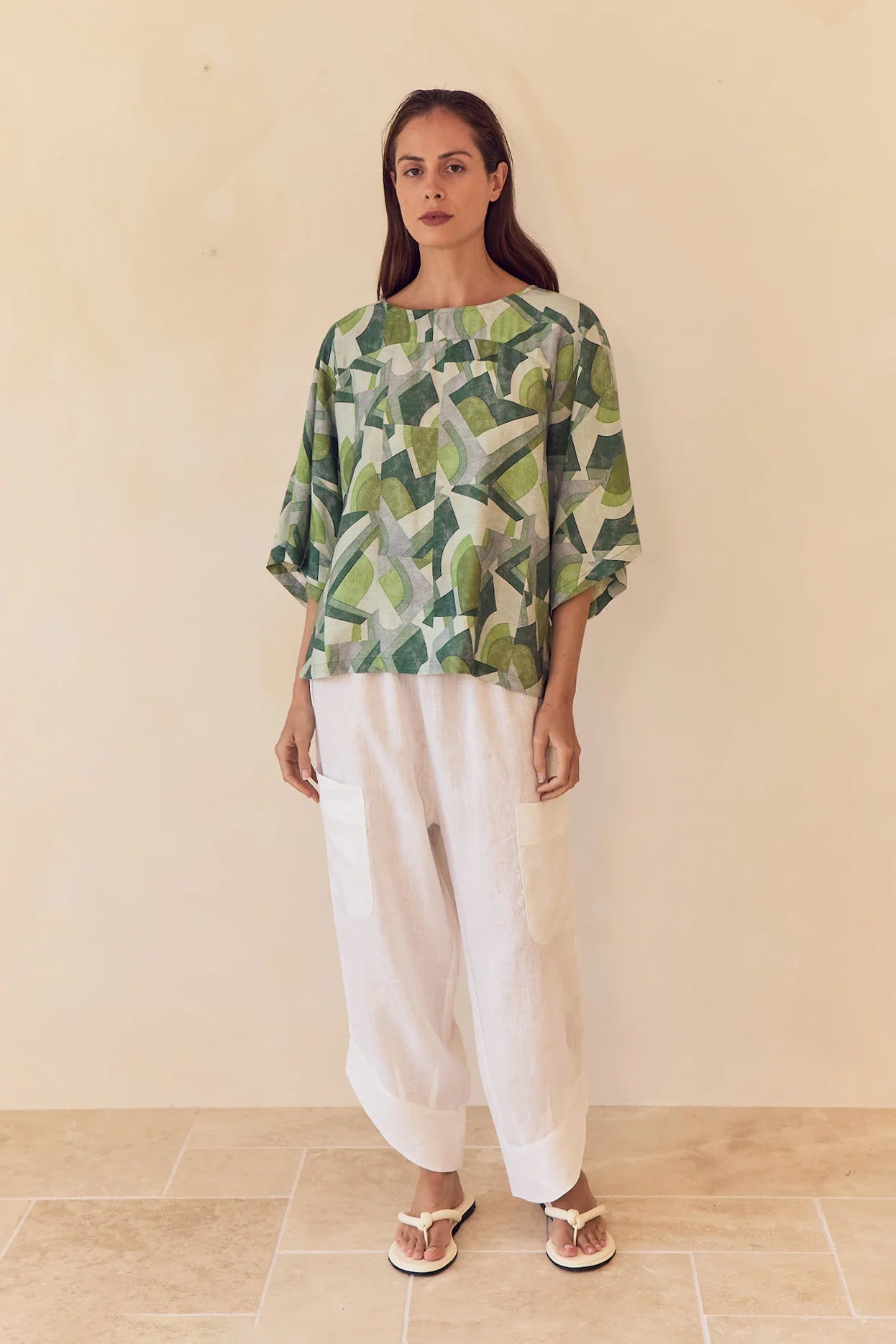 Tirelli - Wide Sleeve Print Top - Green Geometric Print