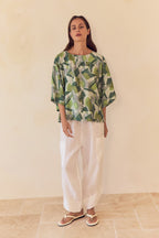 Tirelli - Wide Sleeve Print Top - Green Geometric Print