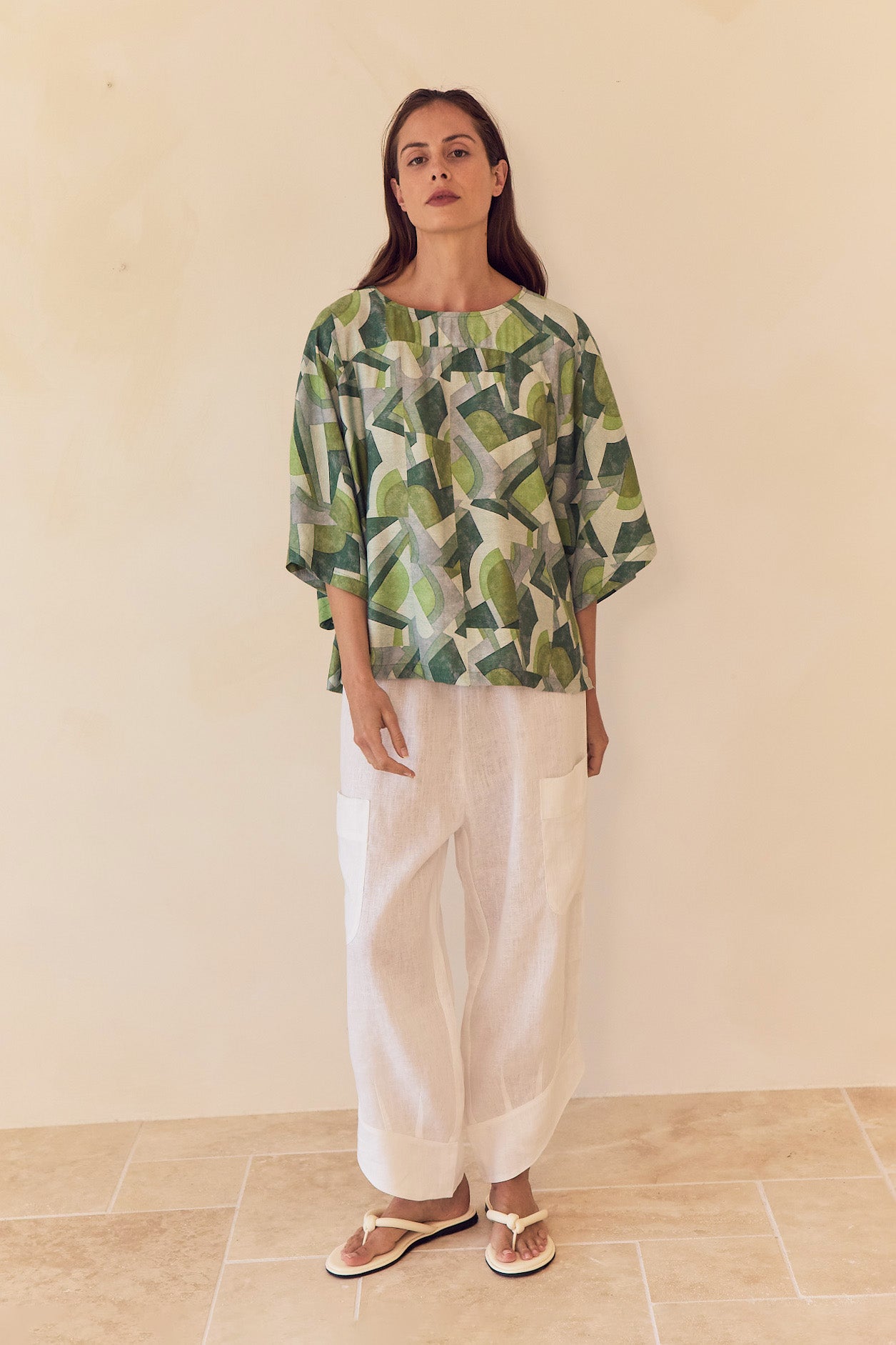 Tirelli - Wide Sleeve Print Top - Green Geometric Print