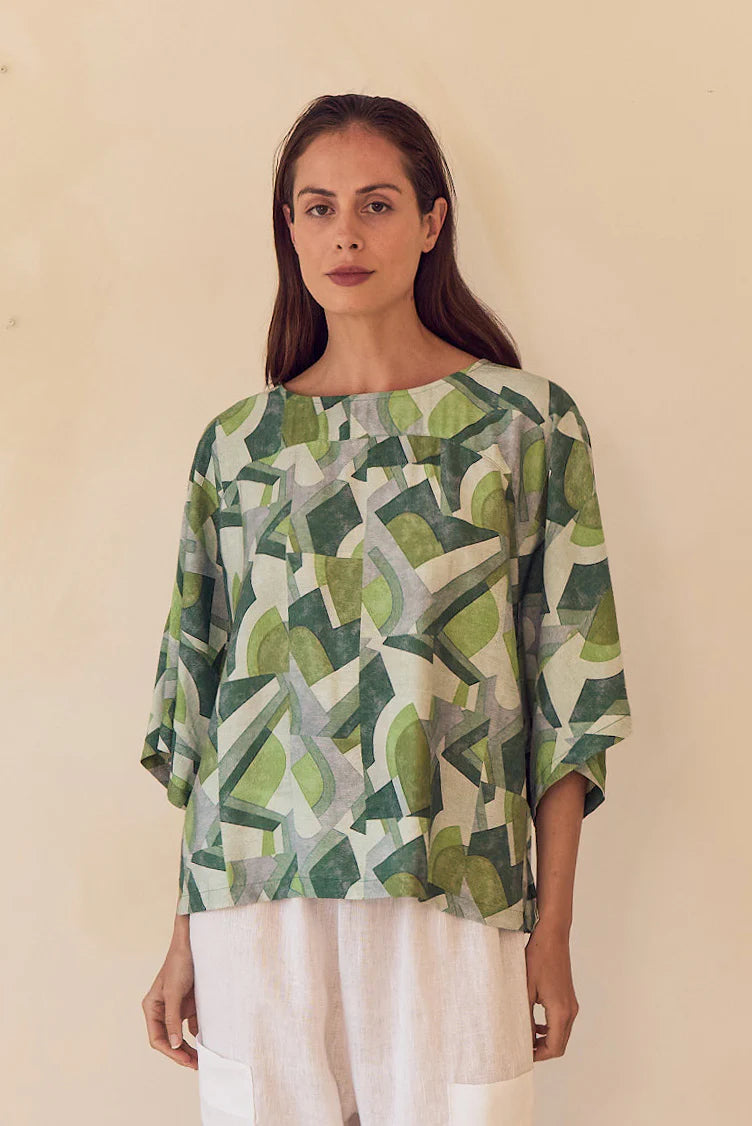 Tirelli - Wide Sleeve Print Top - Green Geometric Print