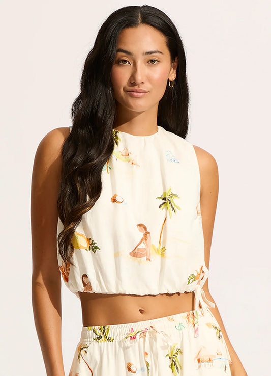 Sea Folly - Isla Palm Drawcord Waist Top Ecru