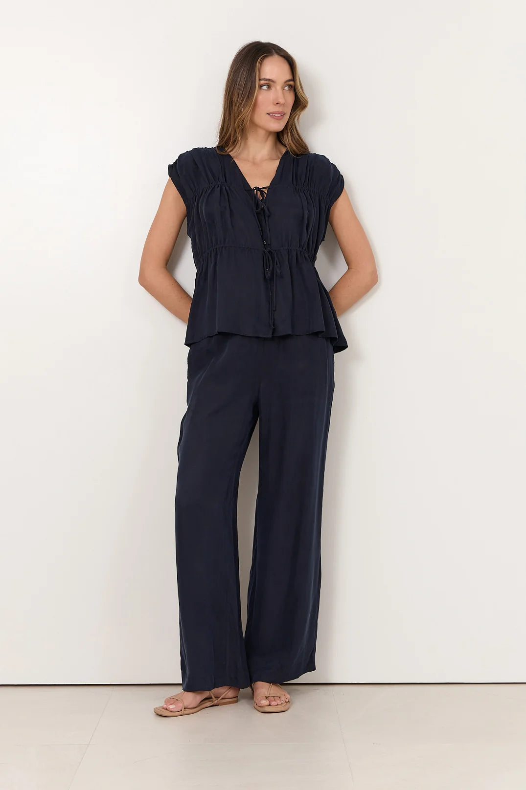 Adorne Amari Cupro Navy Top