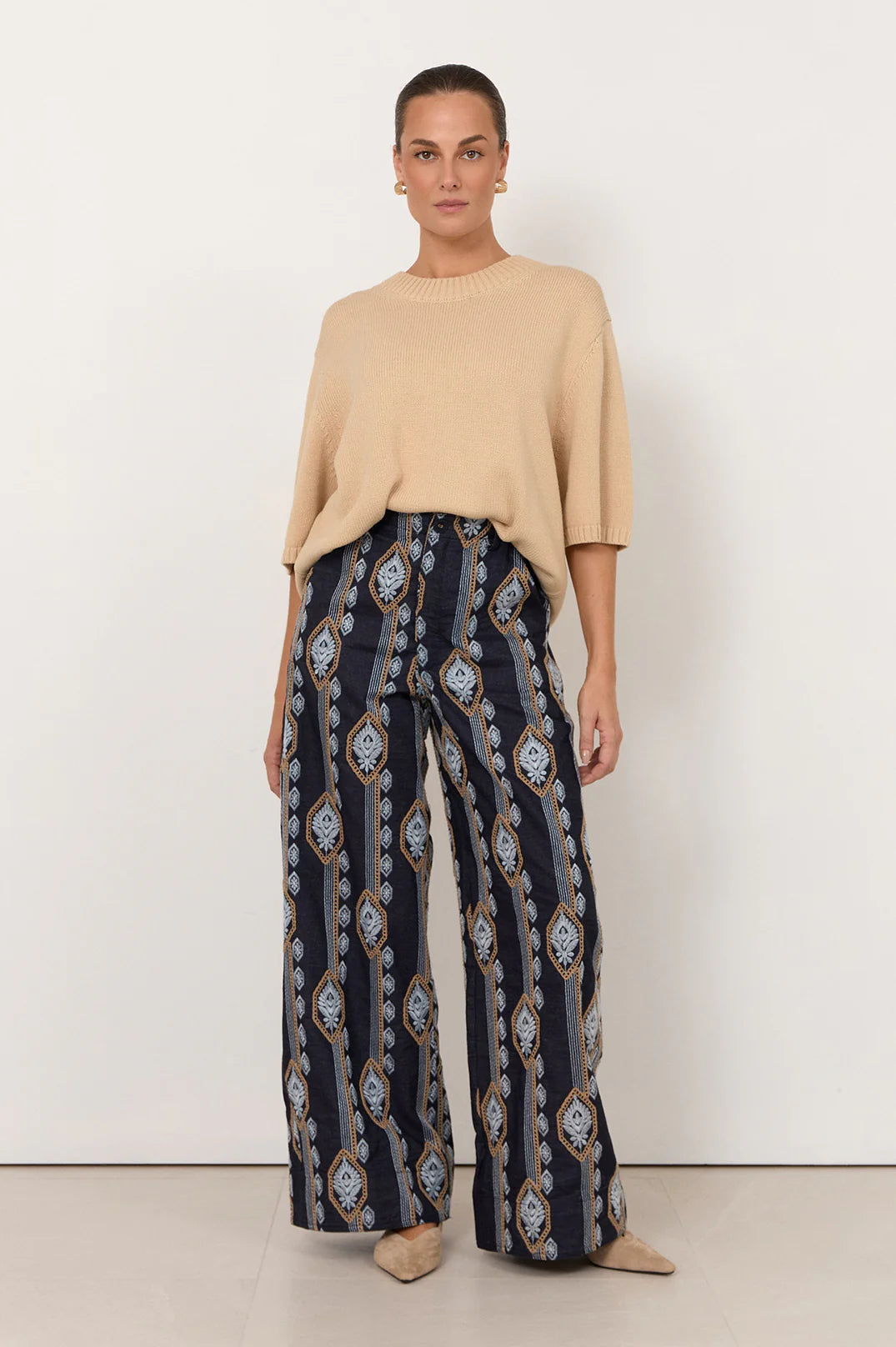 Adorne Avalon Lightweight Denim Embroidered Pant