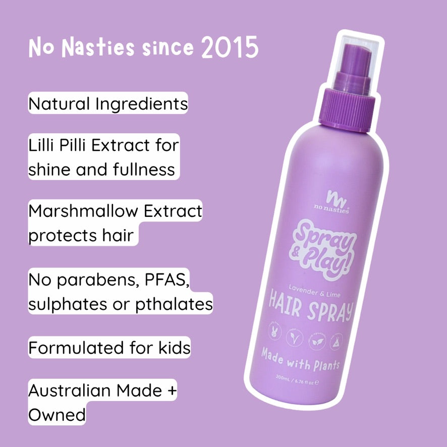 No Nasties Kids Plant Based Alcohol Free Hair Spray in Calming Lavender and Fresh Lime 200ml