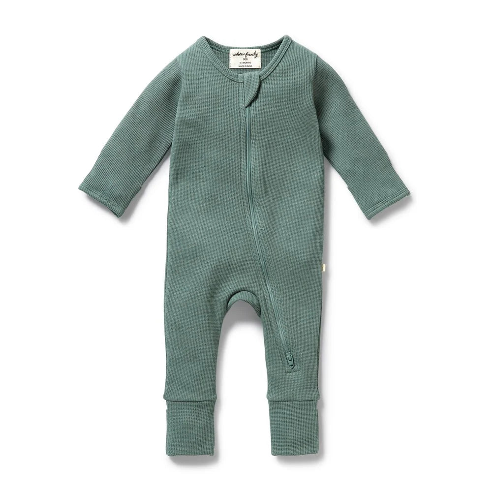 Wilson & Frenchy Pine Green Organic Waffle Zipsuit